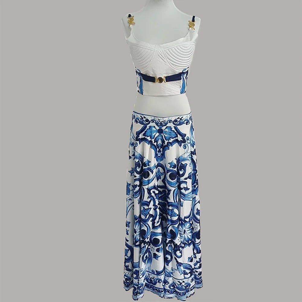 Beach Holiday Two Piece Set Fashion Trendy Spaghetti Strap Gold Button Crop Top And Long Skirt Suits Summer Bohemain Print Set - PratSN