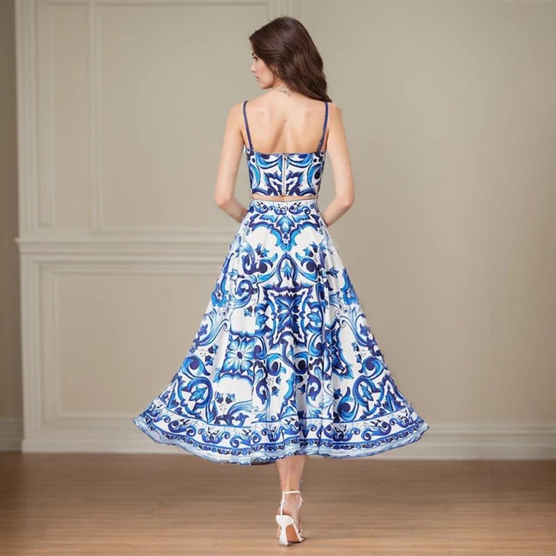 Beach Holiday Two Piece Set Fashion Trendy Spaghetti Strap Gold Button Crop Top And Long Skirt Suits Summer Bohemain Print Set - PratSN