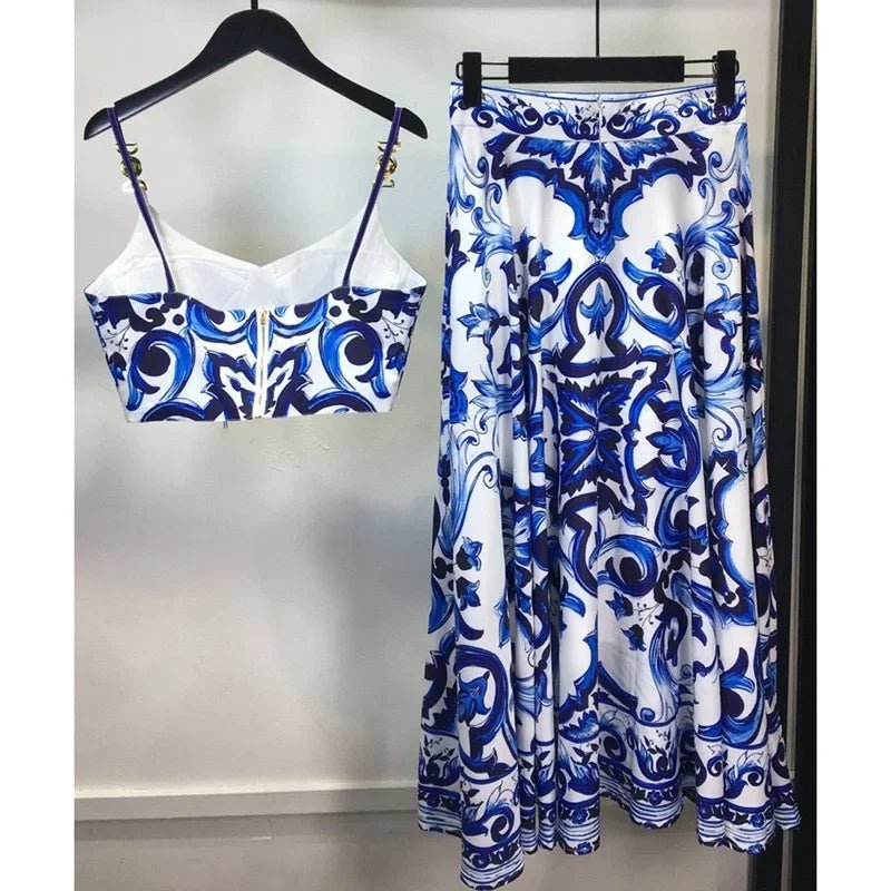 Beach Holiday Two Piece Set Fashion Trendy Spaghetti Strap Gold Button Crop Top And Long Skirt Suits Summer Bohemain Print Set - PratSN