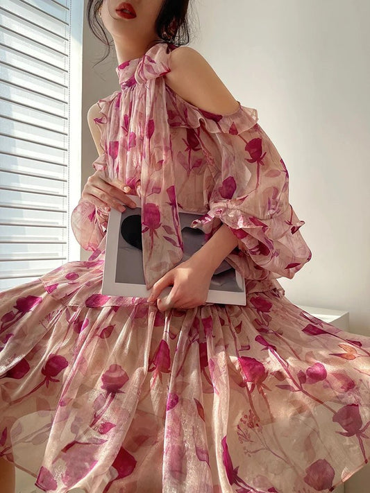 Beach Style Floral Mini Dress Woman Boho 2025 Spring Long Sleeve Party Fairy Dress Female Fashion Casual Elegant Korean Dress - PratSN