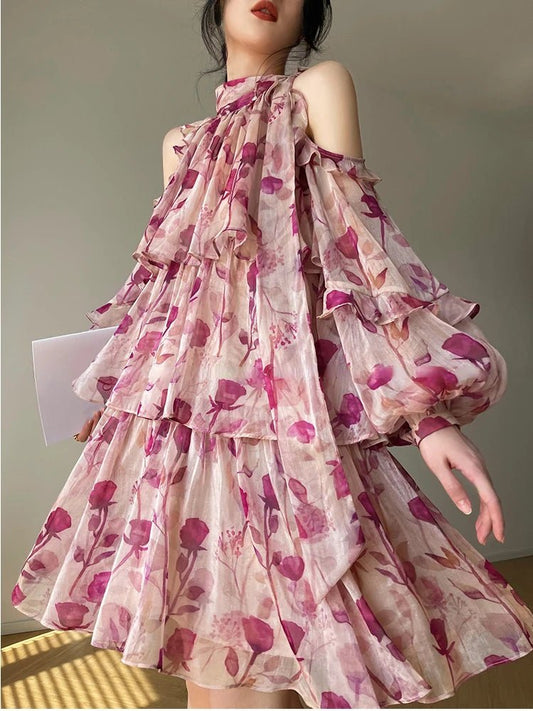 Beach Style Floral Mini Dress Woman Boho 2025 Spring Long Sleeve Party Fairy Dress Female Fashion Casual Elegant Korean Dress - PratSN