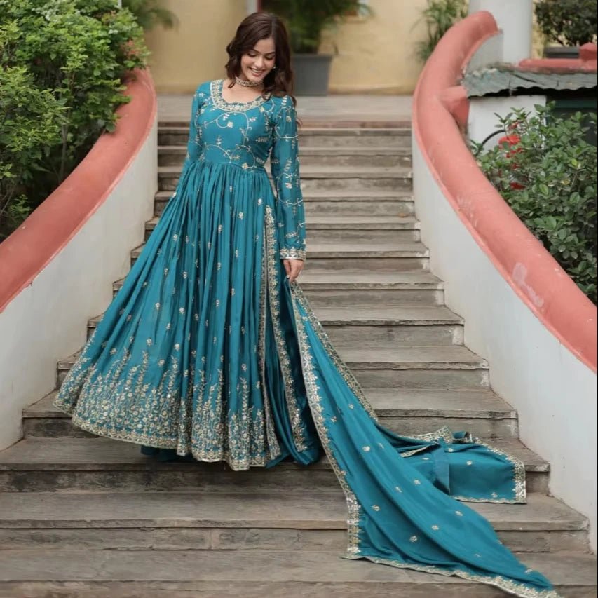 Beautiful Women's Elegant Work Gown Dupatta Long, Georgette with Embroidered Work Wedding Anarkali Salwar Girls - PratSN
