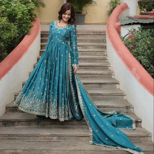 Beautiful Women's Elegant Work Gown Dupatta Long, Georgette with Embroidered Work Wedding Anarkali Salwar Girls - PratSN
