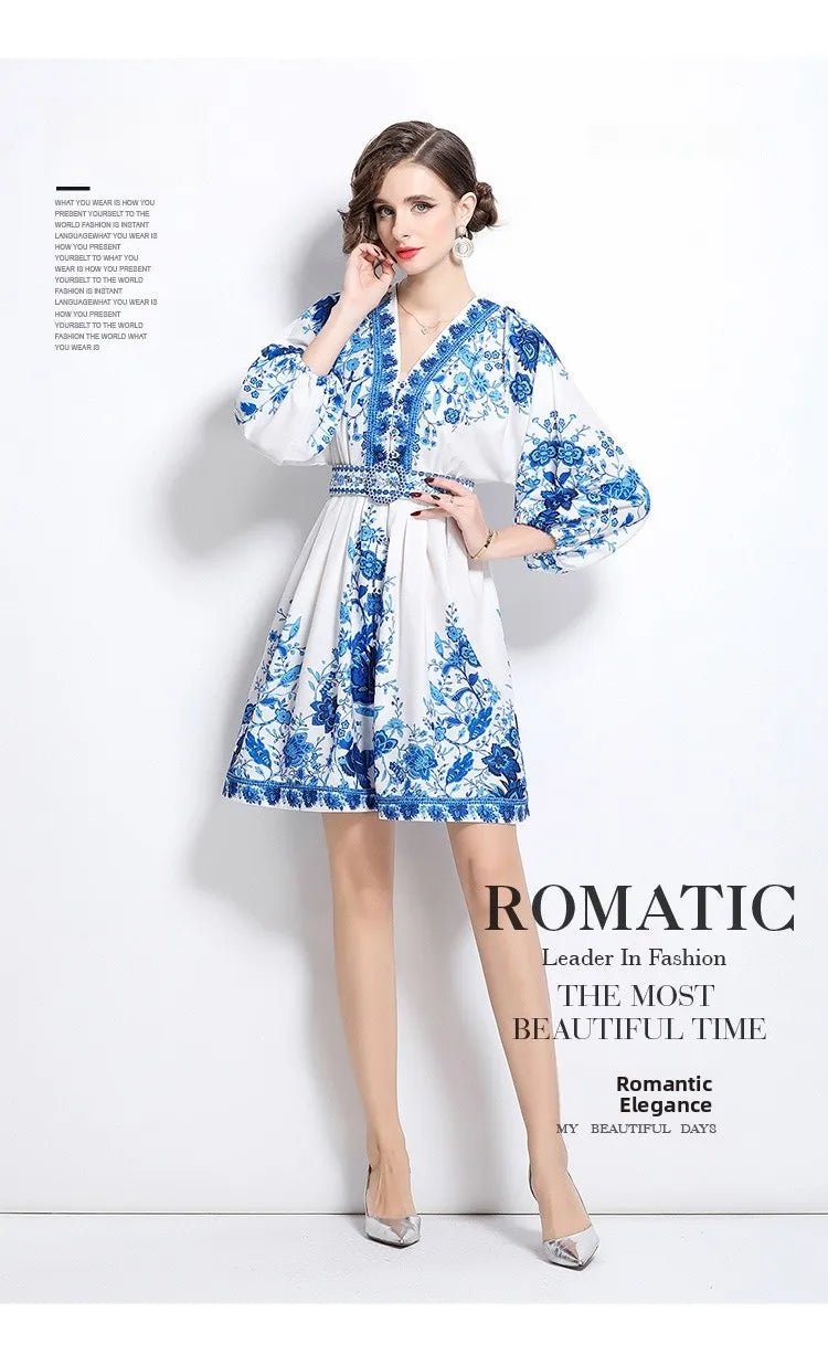 Blue And White Porcelain Print V - Neck Short Dress Slimming Waist Lantern Sleeve Retro Court Style Polyester Casual Fresh Sweet - PratSN