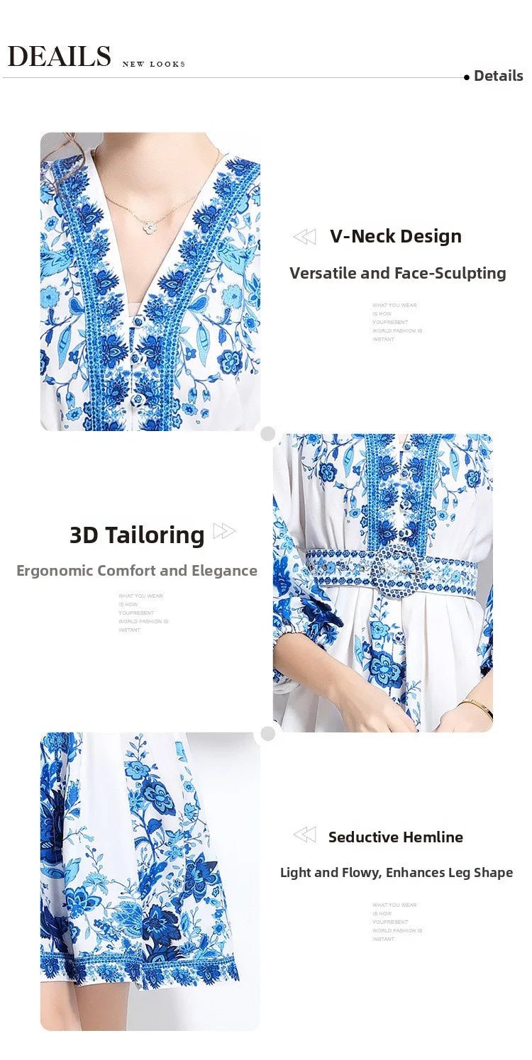 Blue And White Porcelain Print V - Neck Short Dress Slimming Waist Lantern Sleeve Retro Court Style Polyester Casual Fresh Sweet - PratSN