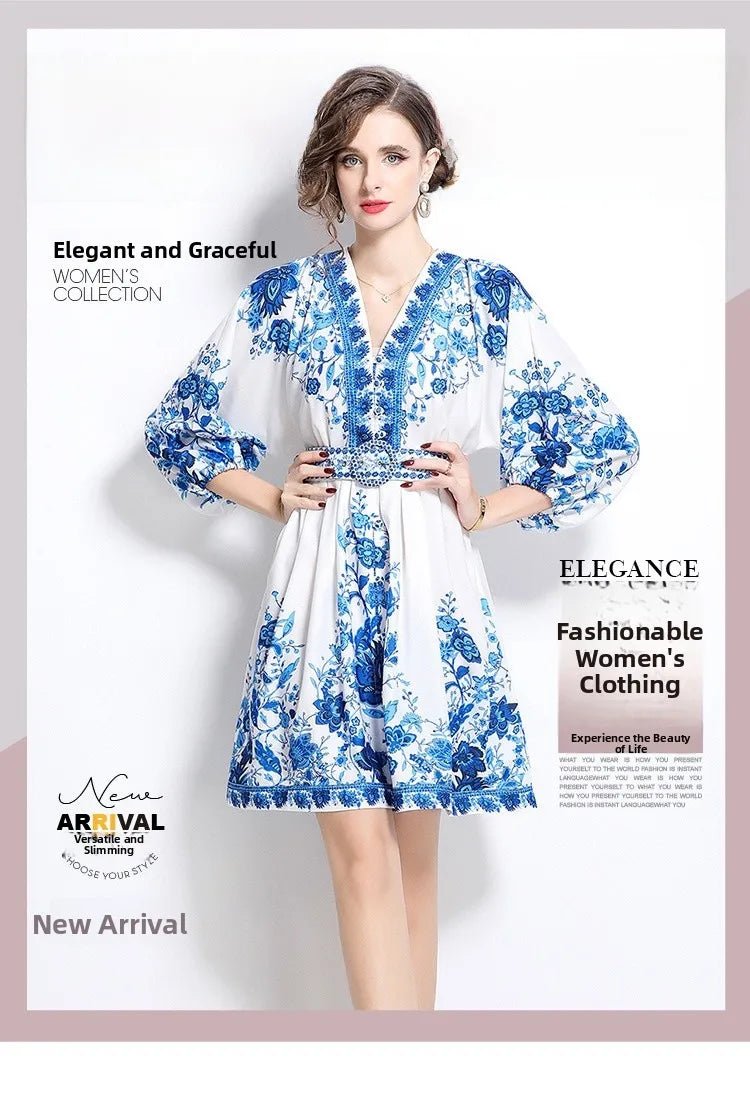 Blue And White Porcelain Print V - Neck Short Dress Slimming Waist Lantern Sleeve Retro Court Style Polyester Casual Fresh Sweet - PratSN