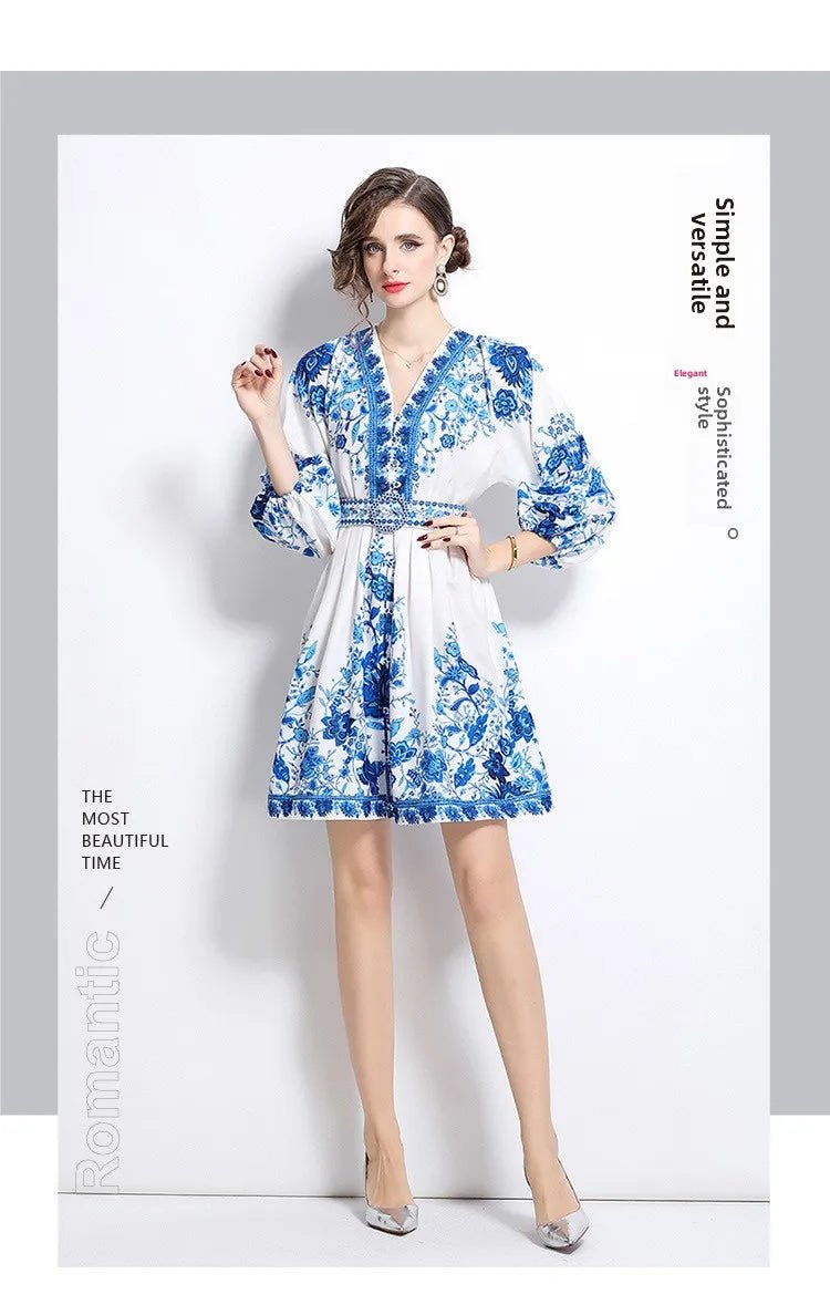 Blue And White Porcelain Print V - Neck Short Dress Slimming Waist Lantern Sleeve Retro Court Style Polyester Casual Fresh Sweet - PratSN