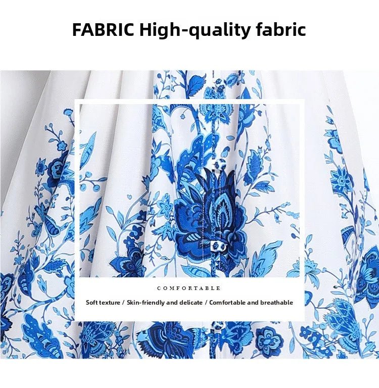 Blue And White Porcelain Print V - Neck Short Dress Slimming Waist Lantern Sleeve Retro Court Style Polyester Casual Fresh Sweet - PratSN
