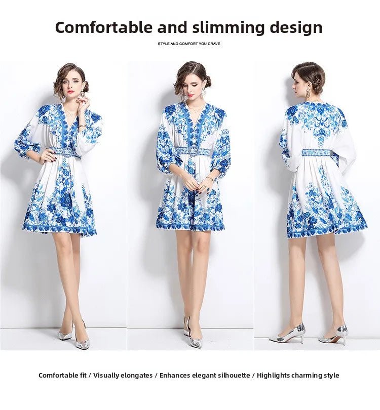 Blue And White Porcelain Print V - Neck Short Dress Slimming Waist Lantern Sleeve Retro Court Style Polyester Casual Fresh Sweet - PratSN