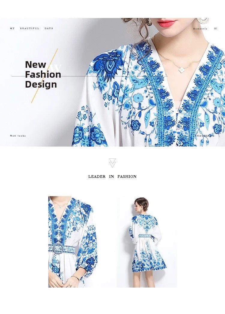 Blue And White Porcelain Print V - Neck Short Dress Slimming Waist Lantern Sleeve Retro Court Style Polyester Casual Fresh Sweet - PratSN