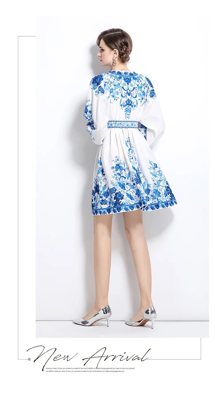 Blue And White Porcelain Print V - Neck Short Dress Slimming Waist Lantern Sleeve Retro Court Style Polyester Casual Fresh Sweet - PratSN