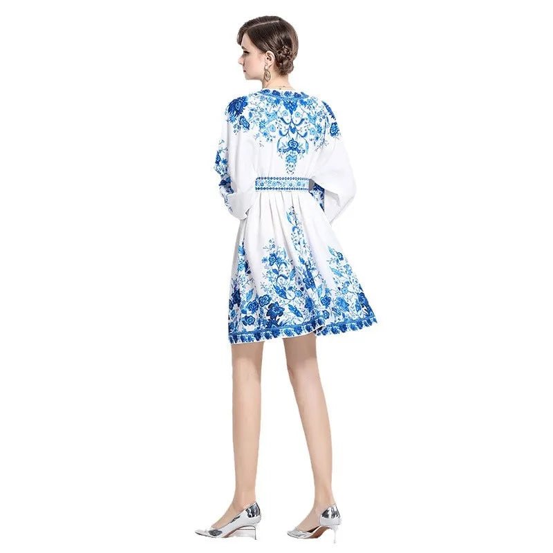 Blue And White Porcelain Print V - Neck Short Dress Slimming Waist Lantern Sleeve Retro Court Style Polyester Casual Fresh Sweet - PratSN