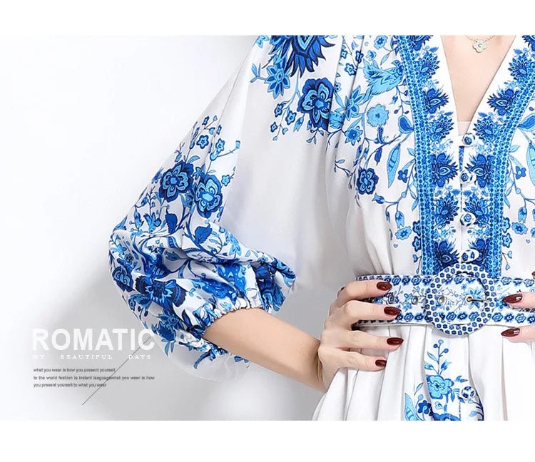 Blue And White Porcelain Print V - Neck Short Dress Slimming Waist Lantern Sleeve Retro Court Style Polyester Casual Fresh Sweet - PratSN