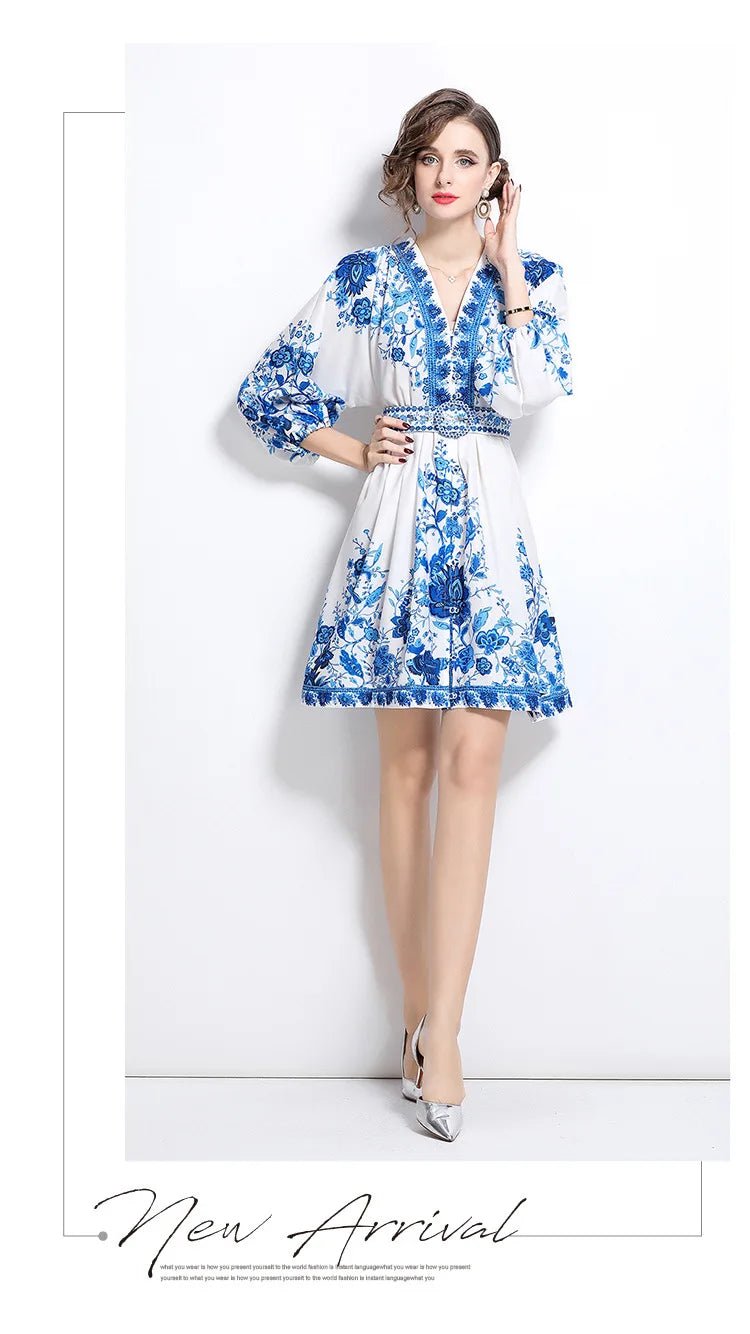 Blue And White Porcelain Print V - Neck Short Dress Slimming Waist Lantern Sleeve Retro Court Style Polyester Casual Fresh Sweet - PratSN
