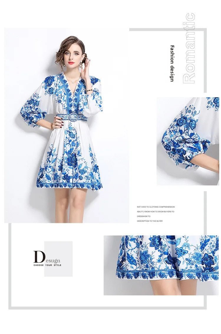 Blue And White Porcelain Print V - Neck Short Dress Slimming Waist Lantern Sleeve Retro Court Style Polyester Casual Fresh Sweet - PratSN