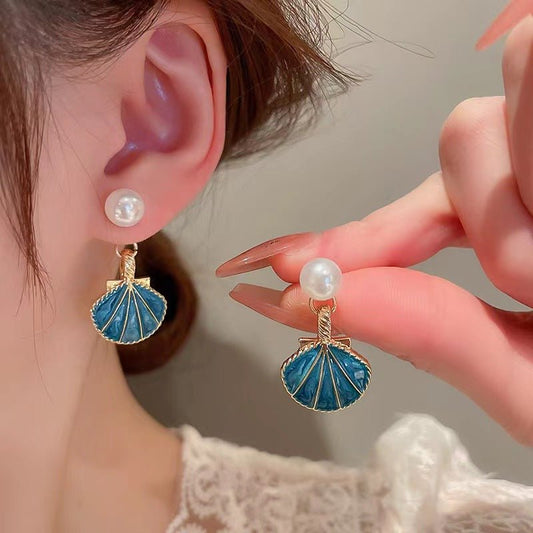 Blue Two Wearing Methods Shell Pearl Earrings - PratSN