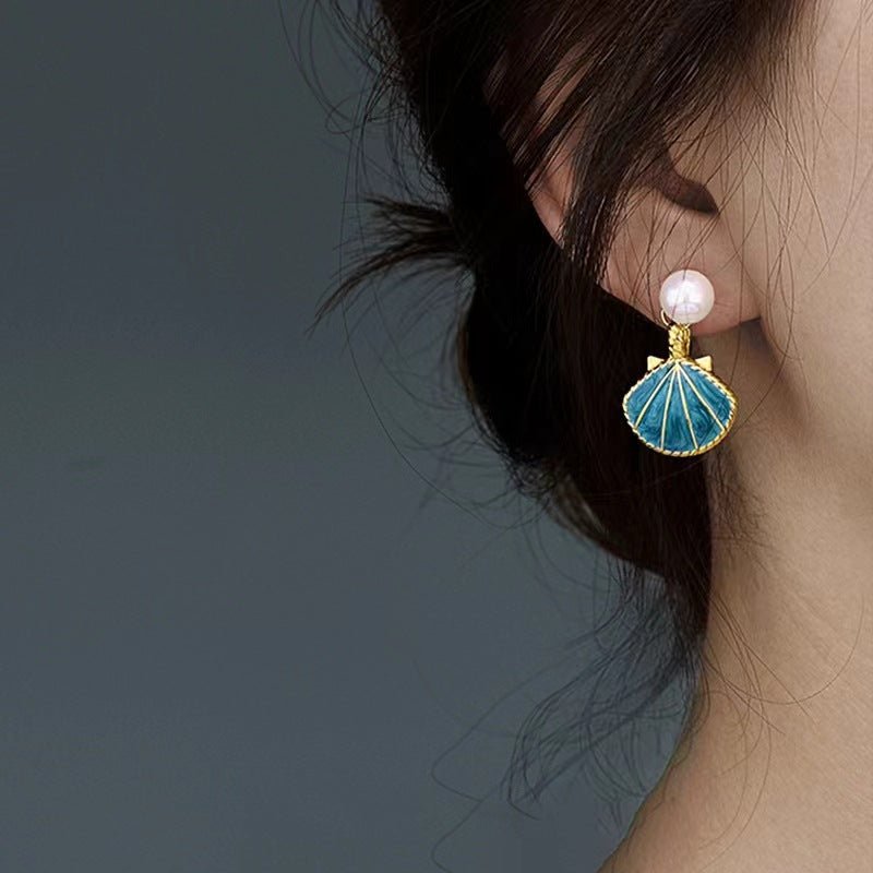 Blue Two Wearing Methods Shell Pearl Earrings - PratSN