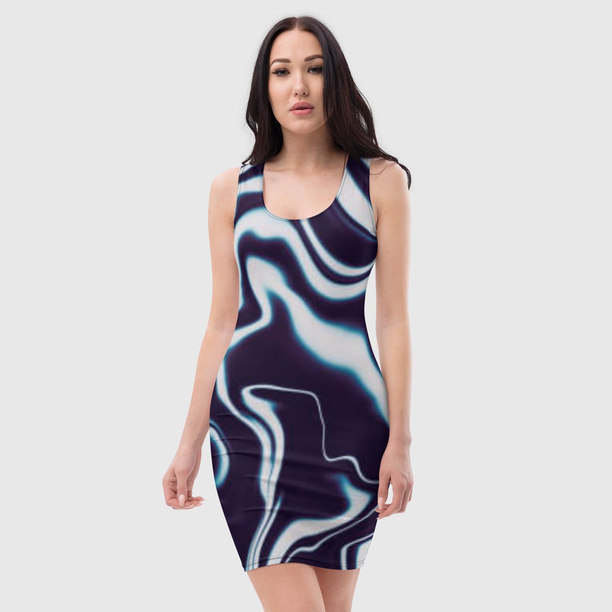 Summer Bodycon Tank Dress - Figure-Hugging Cocktail Attire, Liquid Pattern, Navy Blue and White Bodycon - PratSN S Summer Bodycon Tank Dress - Figure-Hugging Cocktail Attire, Liquid Pattern, Navy Blue and White Bodycon - PratSN S