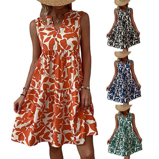 Bohemian Dresses Summer Beach Fashion Loose V - neck Pleated Print Sleeveless Dress For Women - PratSN