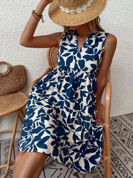 Bohemian Dresses Summer Beach Fashion Loose V - neck Pleated Print Sleeveless Dress For Women - PratSN