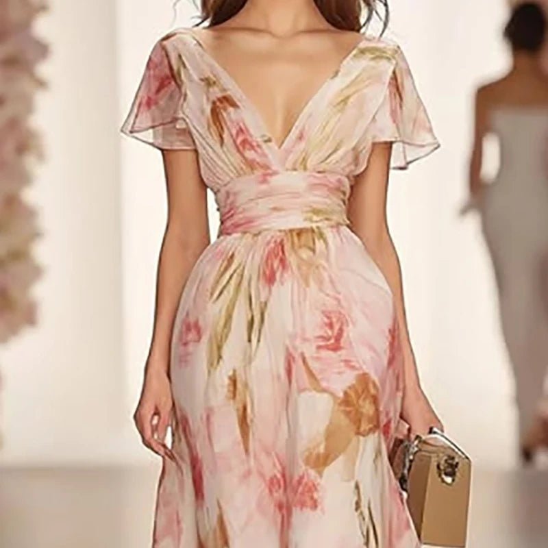 Boho Style Elegant Floral Print Long Dress Woman Spring V Neck High Waist Party Dress Summer Short Sleeve Zip Maxi Dress Vestido - PratSN