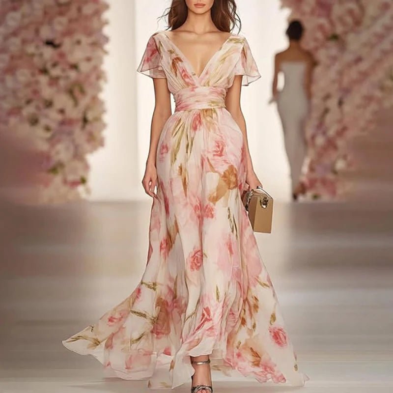 Boho Style Elegant Floral Print Long Dress Woman Spring V Neck High Waist Party Dress Summer Short Sleeve Zip Maxi Dress Vestido - PratSN