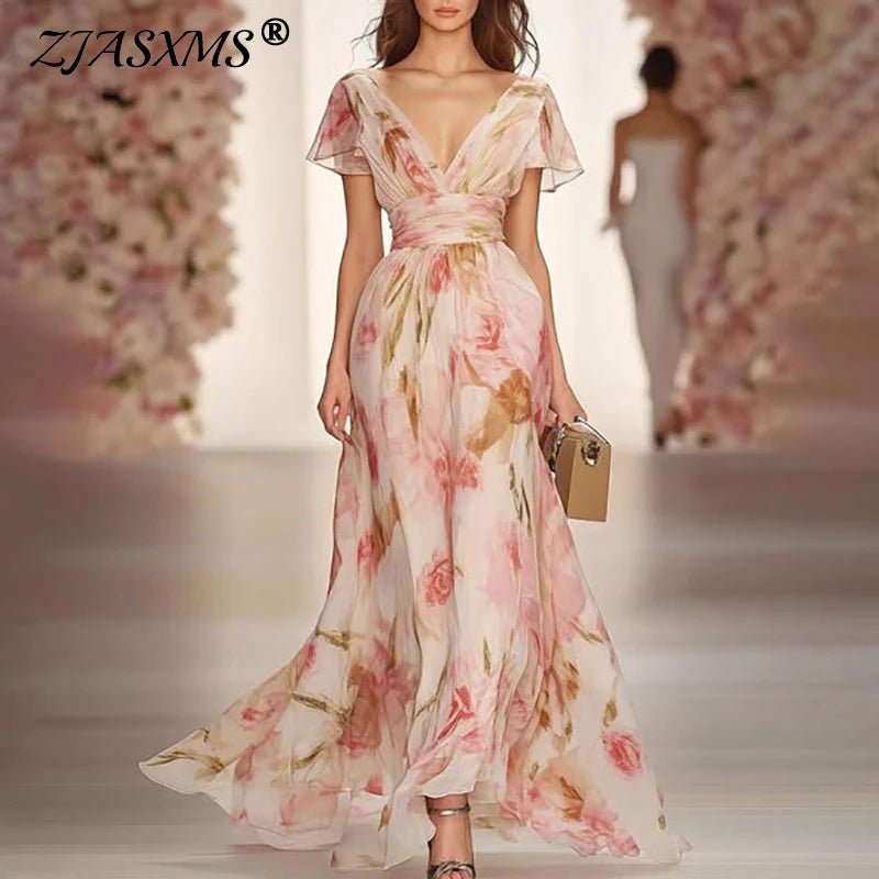 Boho Style Elegant Floral Print Long Dress Woman Spring V Neck High Waist Party Dress Summer Short Sleeve Zip Maxi Dress Vestido - PratSN