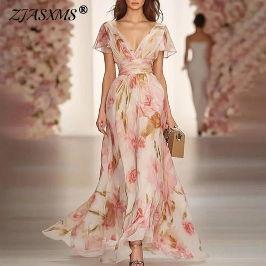 Boho Style Elegant Floral Print Long Dress Woman Spring V Neck High Waist Party Dress Summer Short Sleeve Zip Maxi Dress Vestido - PratSN