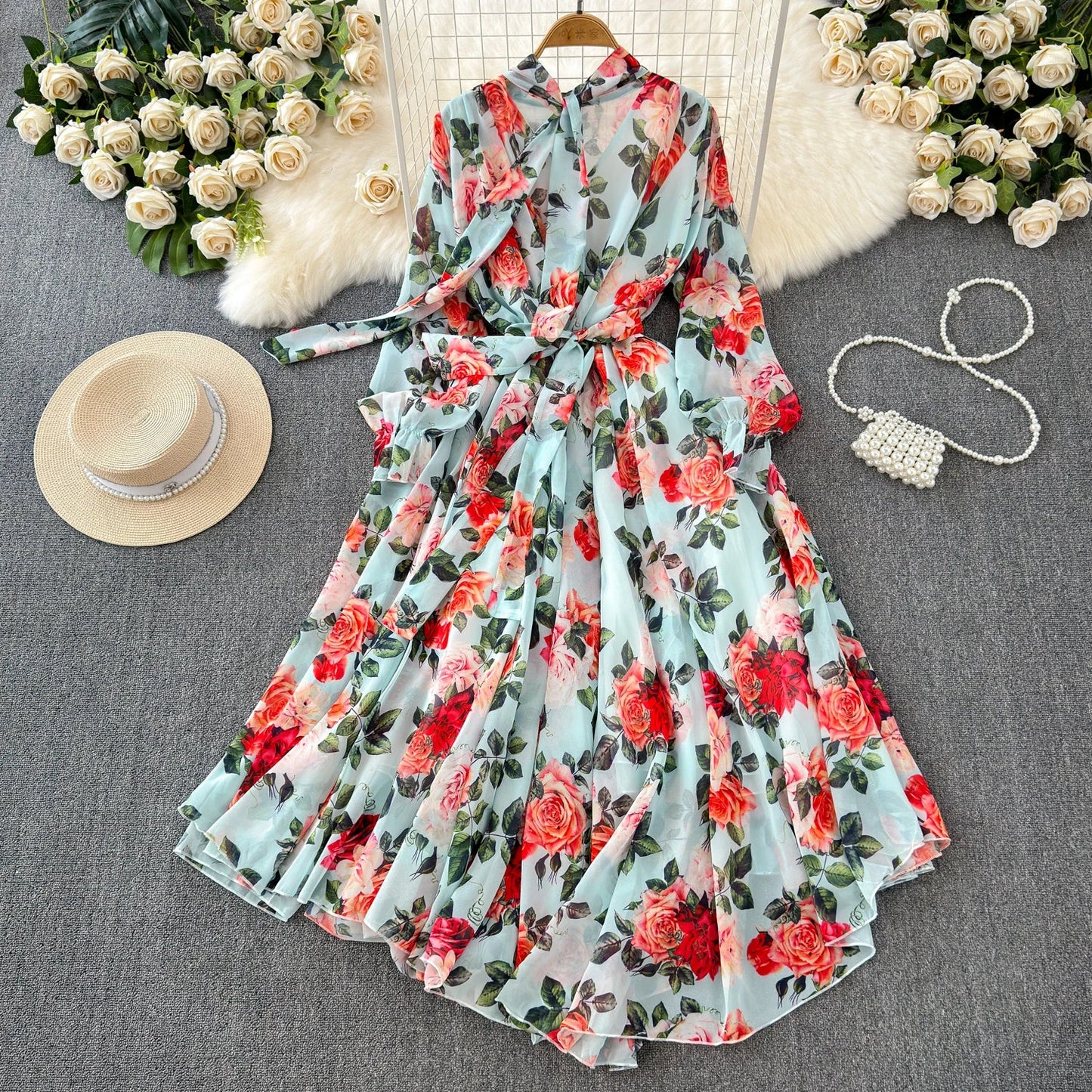Boutique Wholesale 2025 Summer New French Elegant Style Lace up Bow Neck Loose Chiffon Women's Dress - PratSN