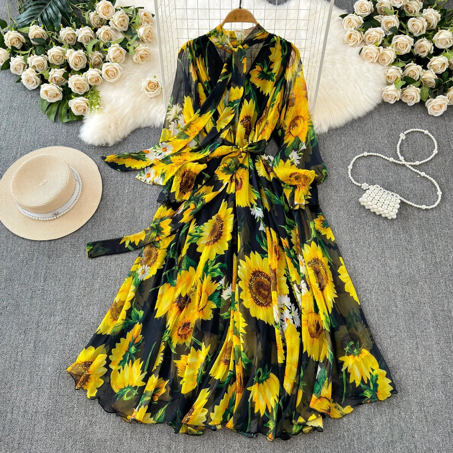 Boutique Wholesale 2025 Summer New French Elegant Style Lace up Bow Neck Loose Chiffon Women's Dress - PratSN