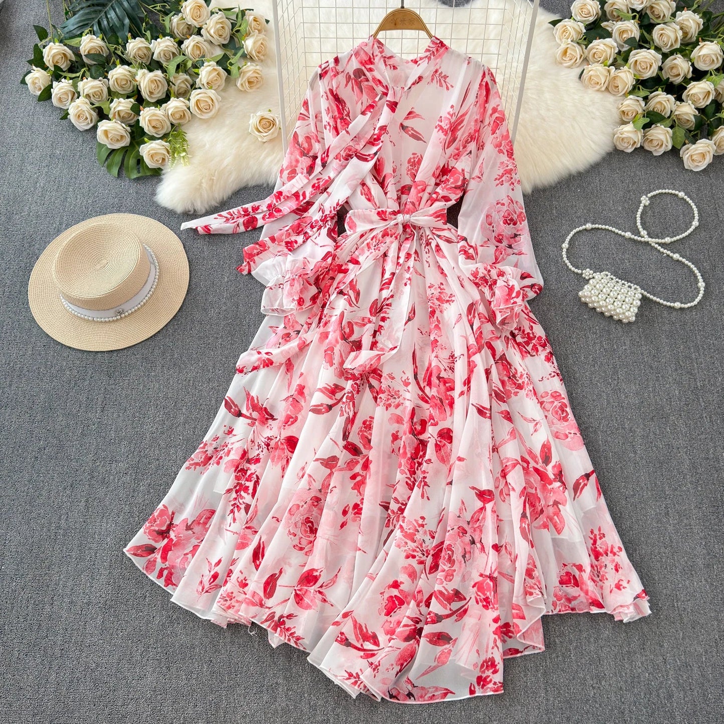 Boutique Wholesale 2025 Summer New French Elegant Style Lace up Bow Neck Loose Chiffon Women's Dress - PratSN