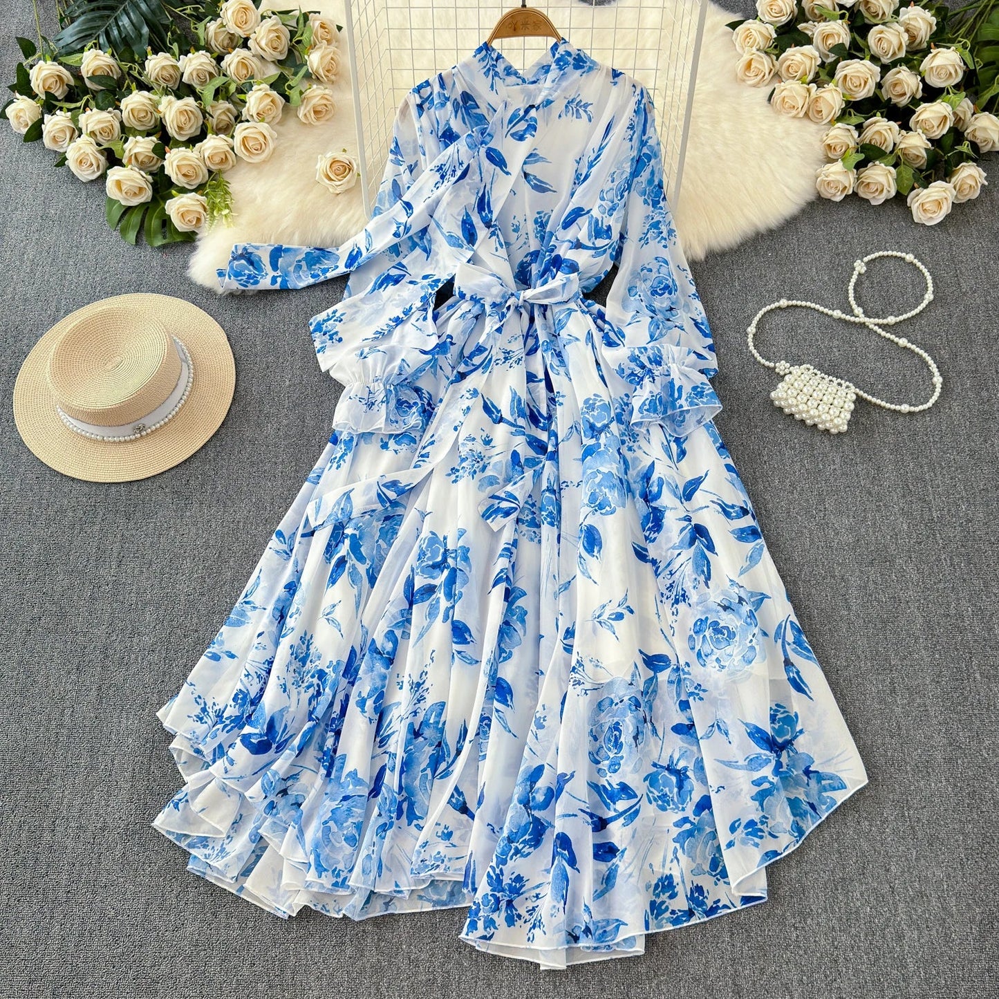 Boutique Wholesale 2025 Summer New French Elegant Style Lace up Bow Neck Loose Chiffon Women's Dress - PratSN