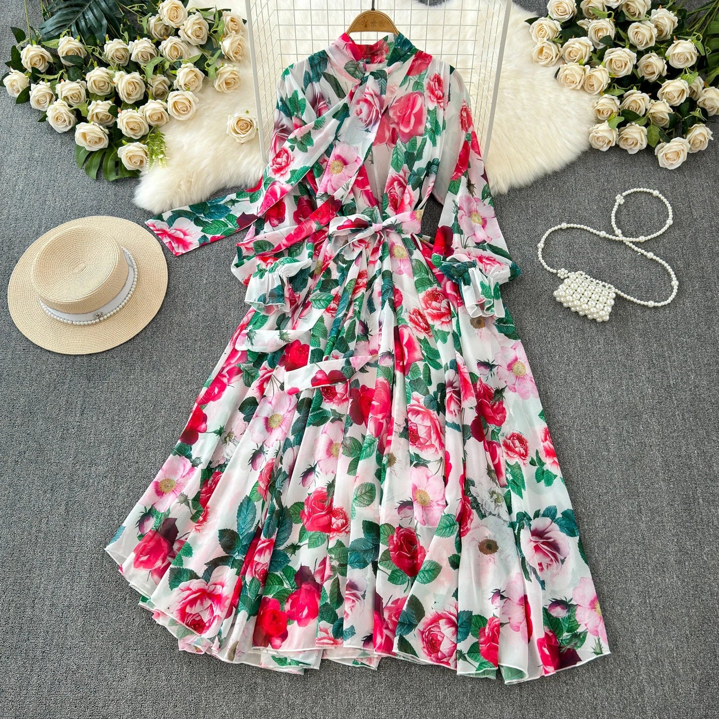 Boutique Wholesale 2025 Summer New French Elegant Style Lace up Bow Neck Loose Chiffon Women's Dress - PratSN