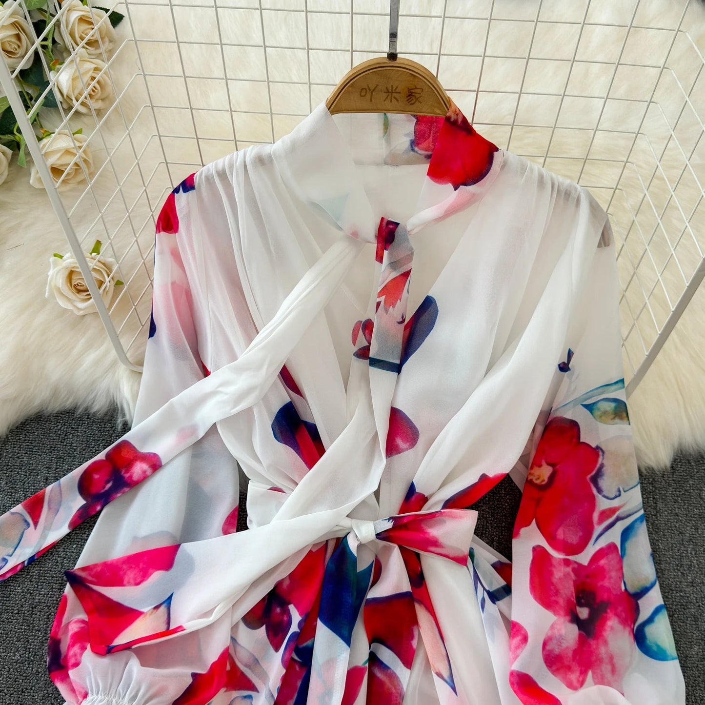Boutique Wholesale 2025 Summer New French Elegant Style Lace up Bow Neck Loose Chiffon Women's Dress - PratSN