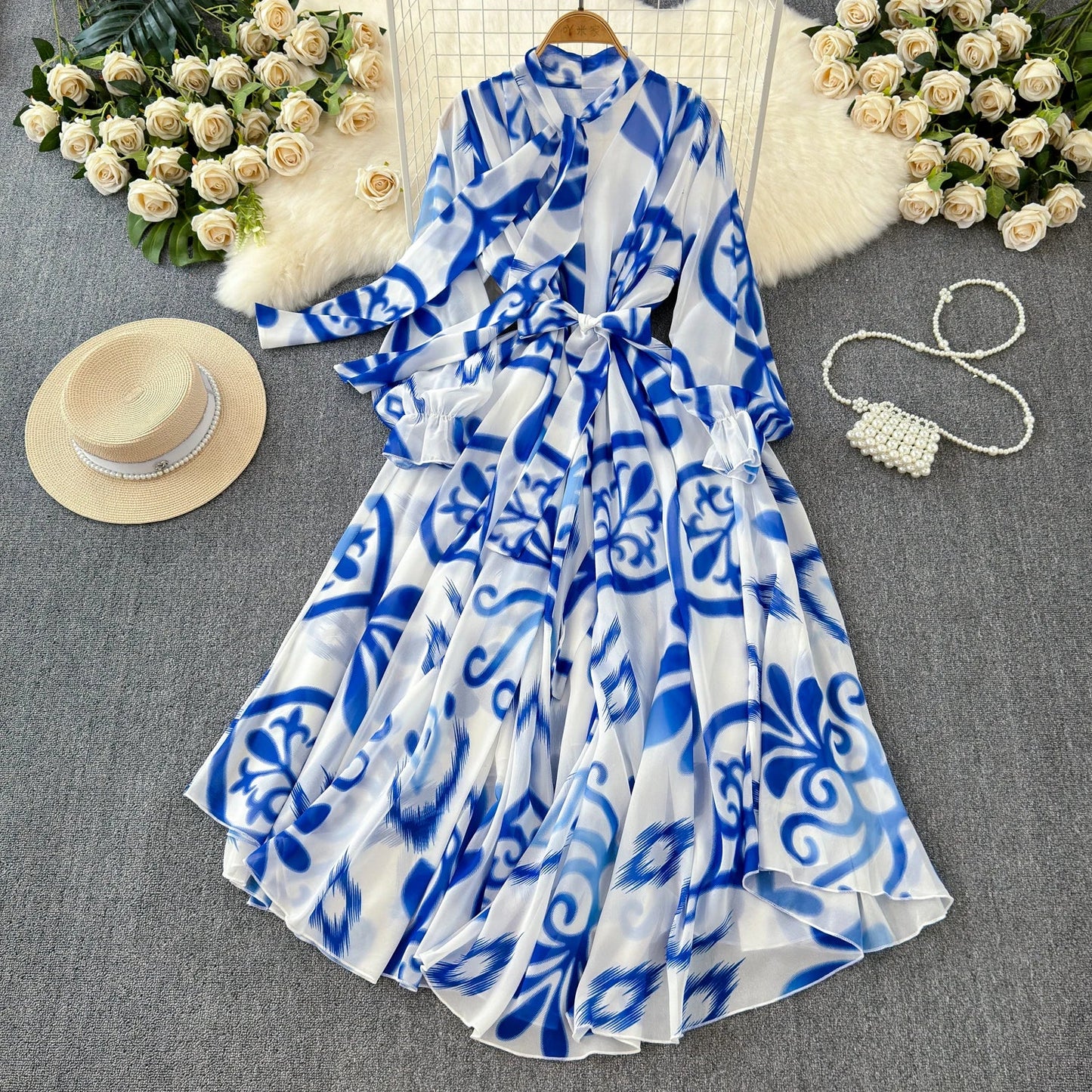 Boutique Wholesale 2025 Summer New French Elegant Style Lace up Bow Neck Loose Chiffon Women's Dress - PratSN