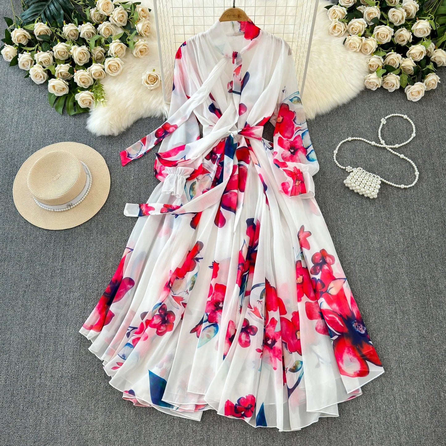 Boutique Wholesale 2025 Summer New French Elegant Style Lace up Bow Neck Loose Chiffon Women's Dress - PratSN