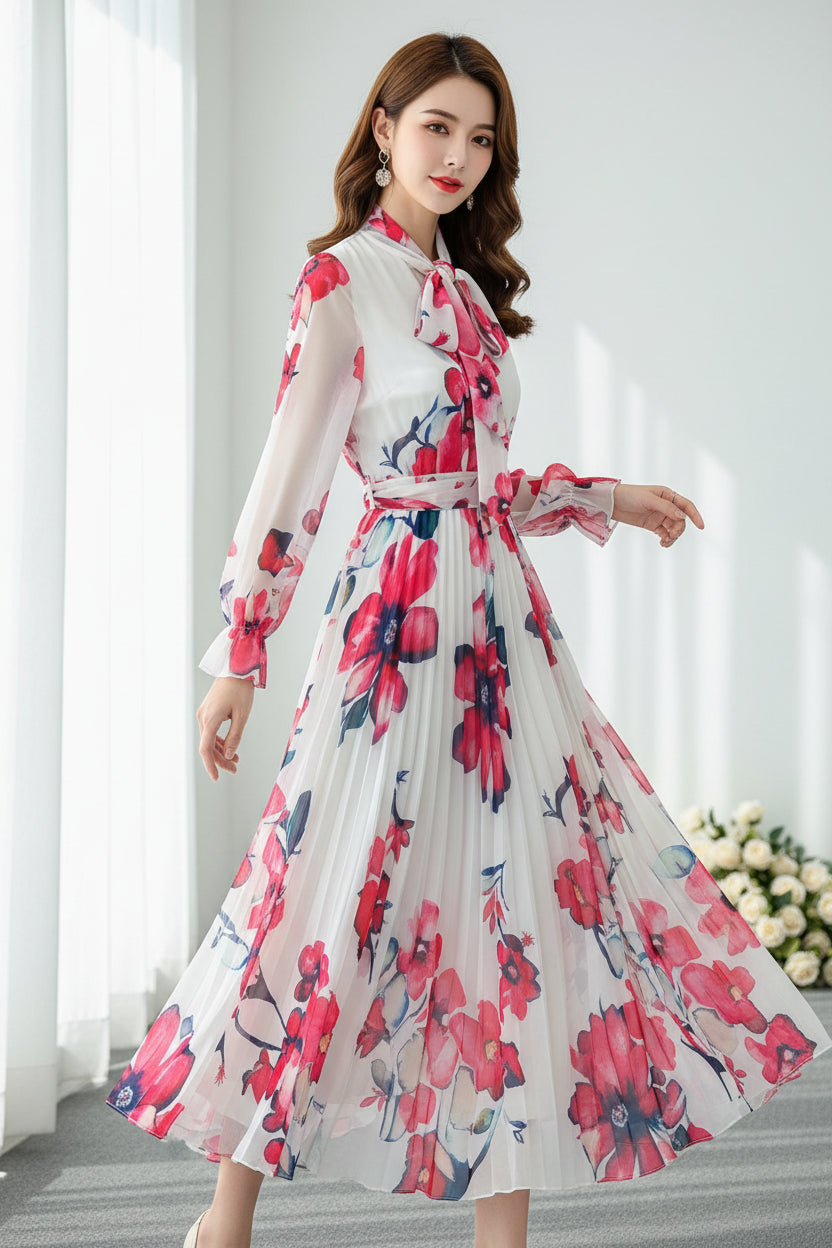 Boutique Wholesale 2025 Summer New French Elegant Style Lace up Bow Neck Loose Chiffon Women's Dress - PratSN