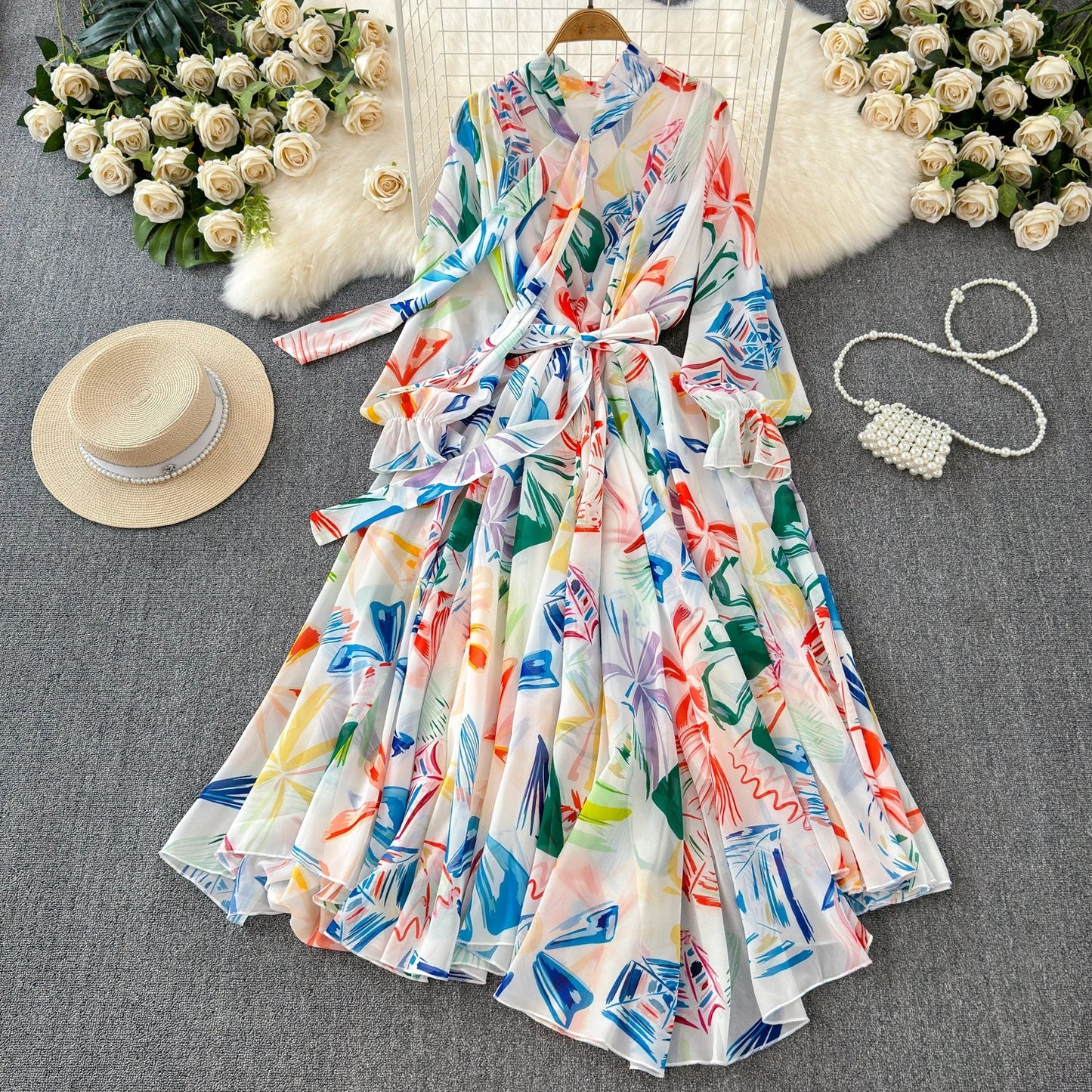 Boutique Wholesale 2025 Summer New French Elegant Style Lace up Bow Neck Loose Chiffon Women's Dress - PratSN
