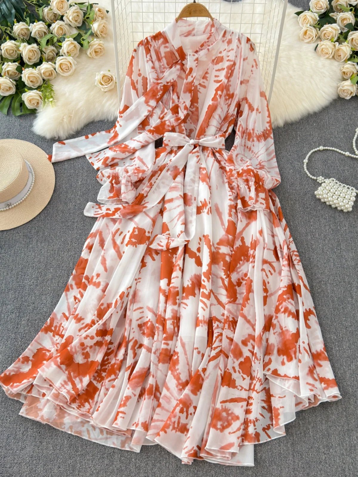 Boutique Wholesale 2025 Summer New French Elegant Style Lace up Bow Neck Loose Chiffon Women's Dress - PratSN