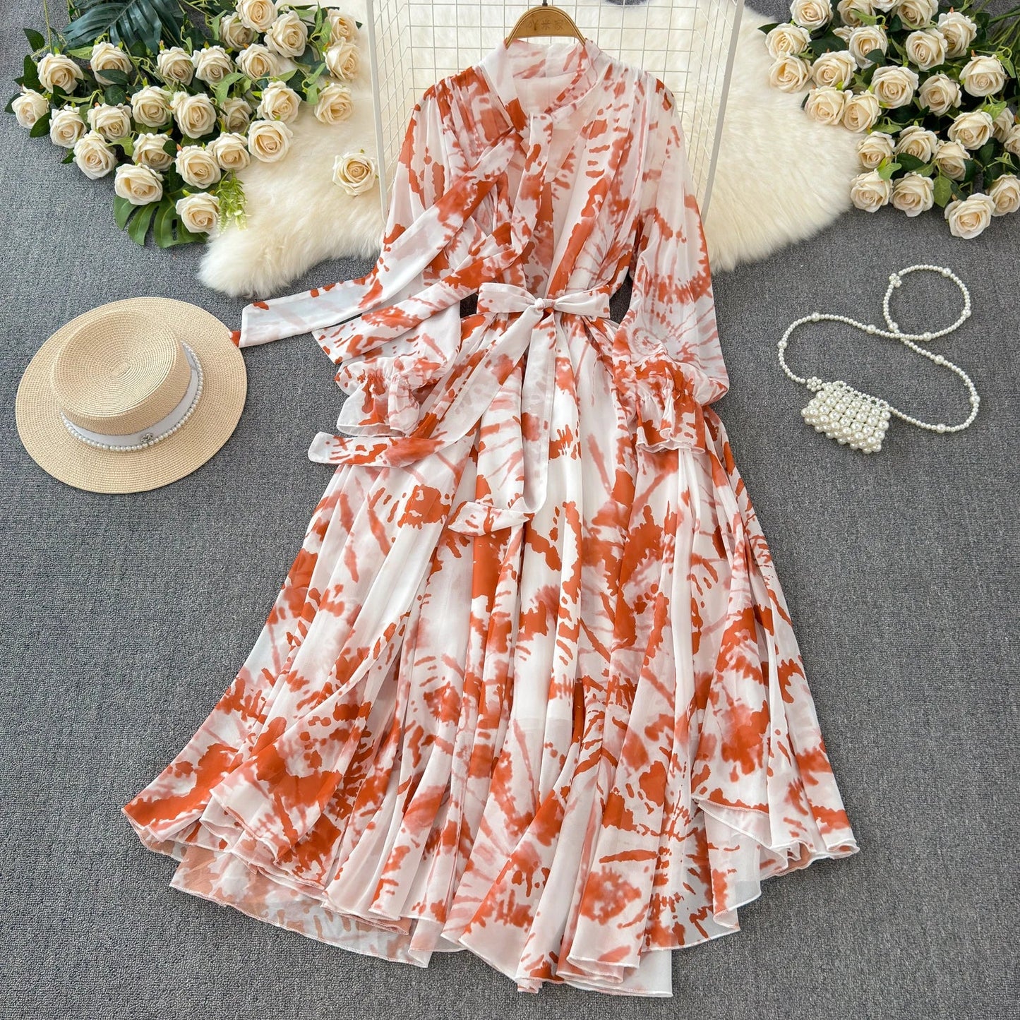 Boutique Wholesale 2025 Summer New French Elegant Style Lace up Bow Neck Loose Chiffon Women's Dress - PratSN
