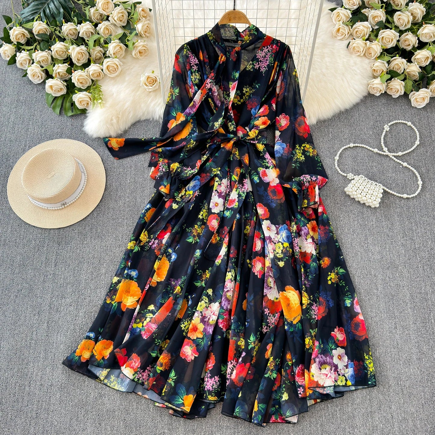 Boutique Wholesale 2025 Summer New French Elegant Style Lace up Bow Neck Loose Chiffon Women's Dress - PratSN