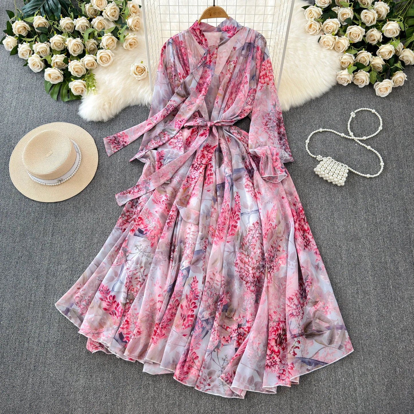 Boutique Wholesale 2025 Summer New French Elegant Style Lace up Bow Neck Loose Chiffon Women's Dress - PratSN