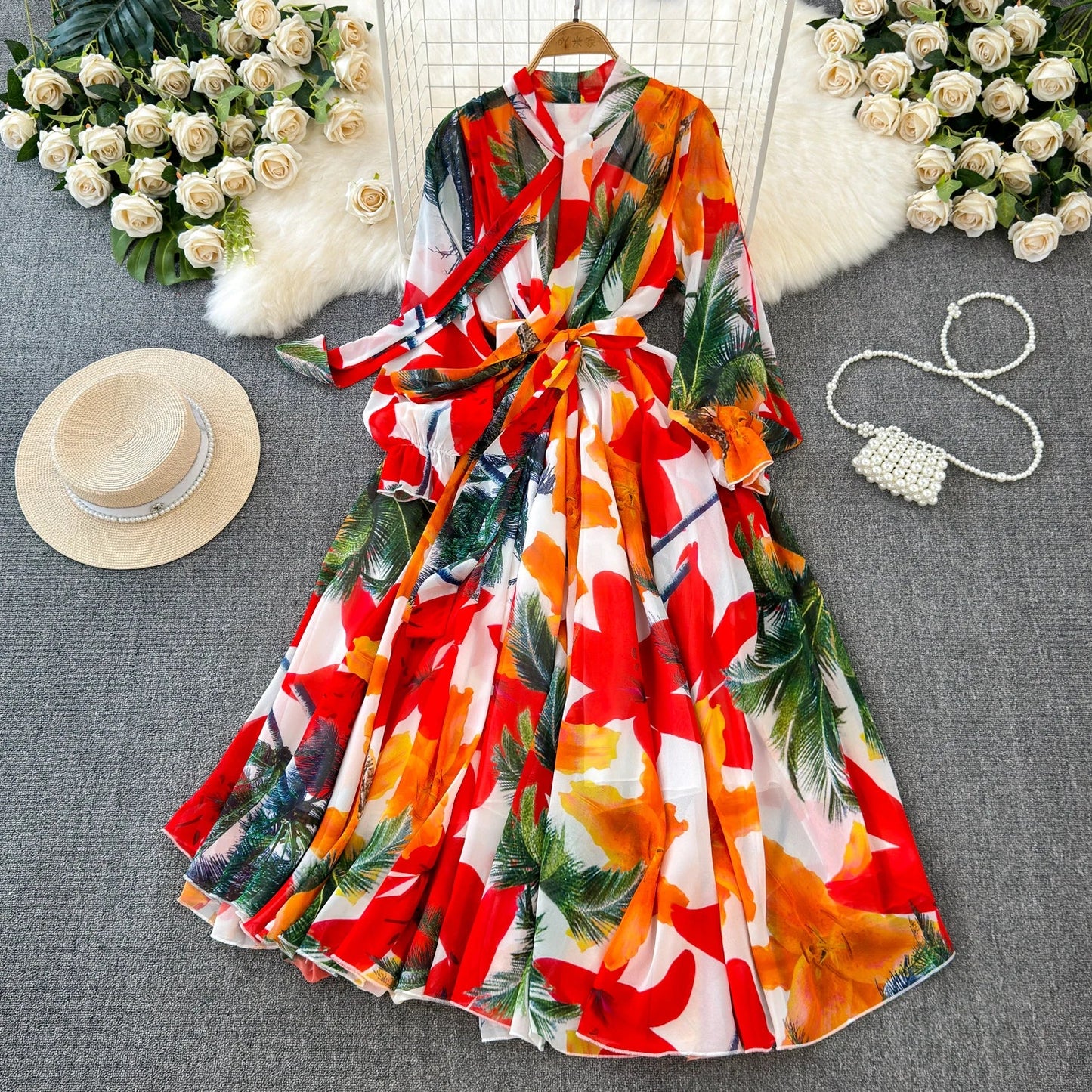 Boutique Wholesale 2025 Summer New French Elegant Style Lace up Bow Neck Loose Chiffon Women's Dress - PratSN