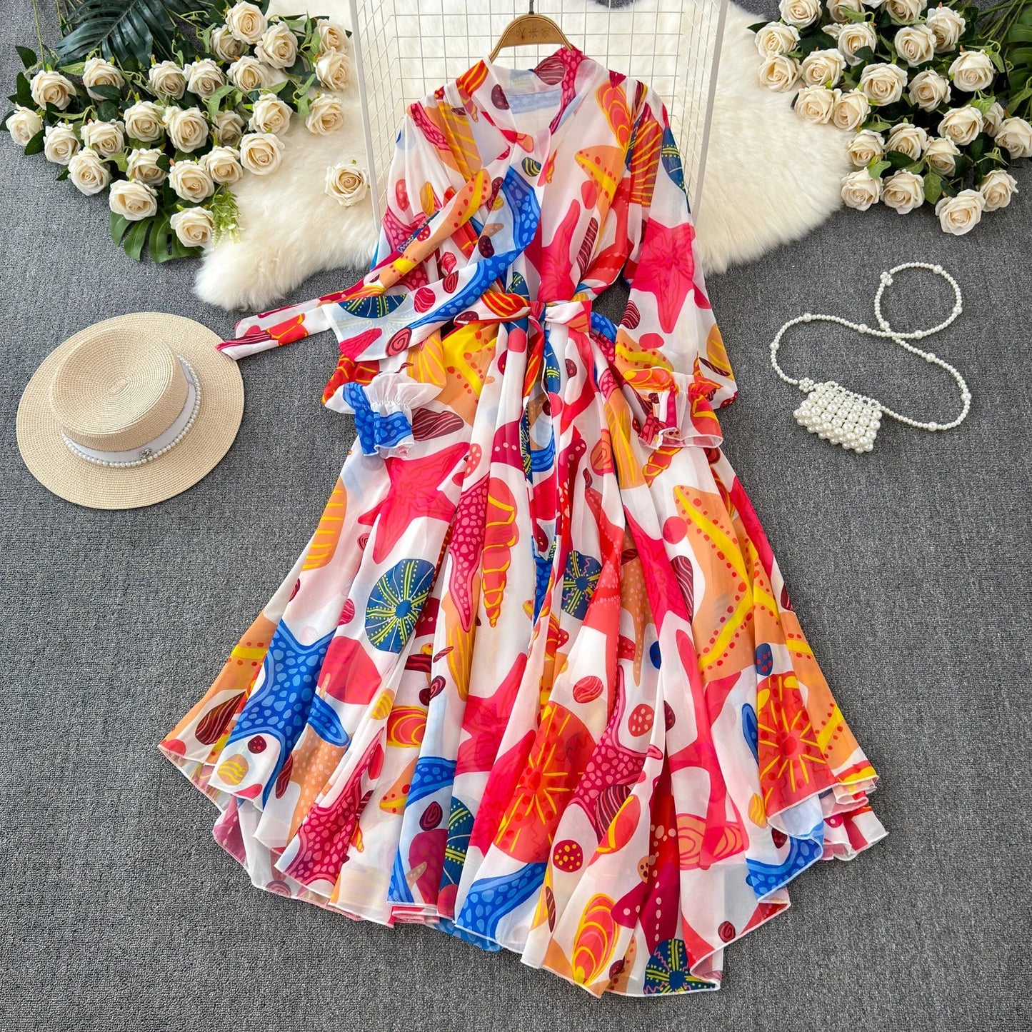 Boutique Wholesale 2025 Summer New French Elegant Style Lace up Bow Neck Loose Chiffon Women's Dress - PratSN