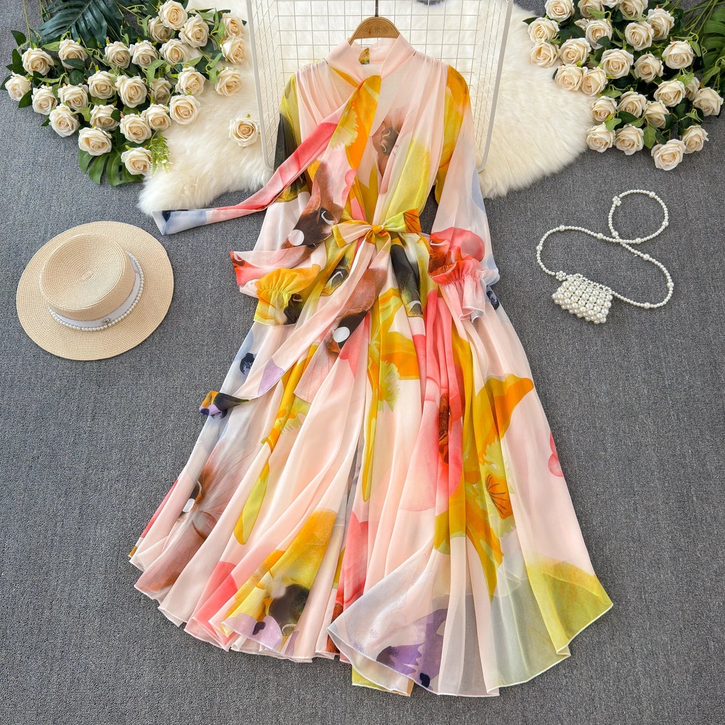 Boutique Wholesale 2025 Summer New French Elegant Style Lace up Bow Neck Loose Chiffon Women's Dress - PratSN