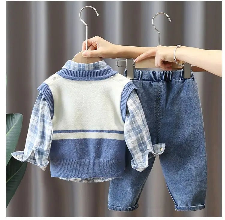 Boys' Baby Autumn Suit 2024 New Children's Fashionable Clothes Spring and Autumn Vest Shirt Jeans 3 Piece Set - PratSN