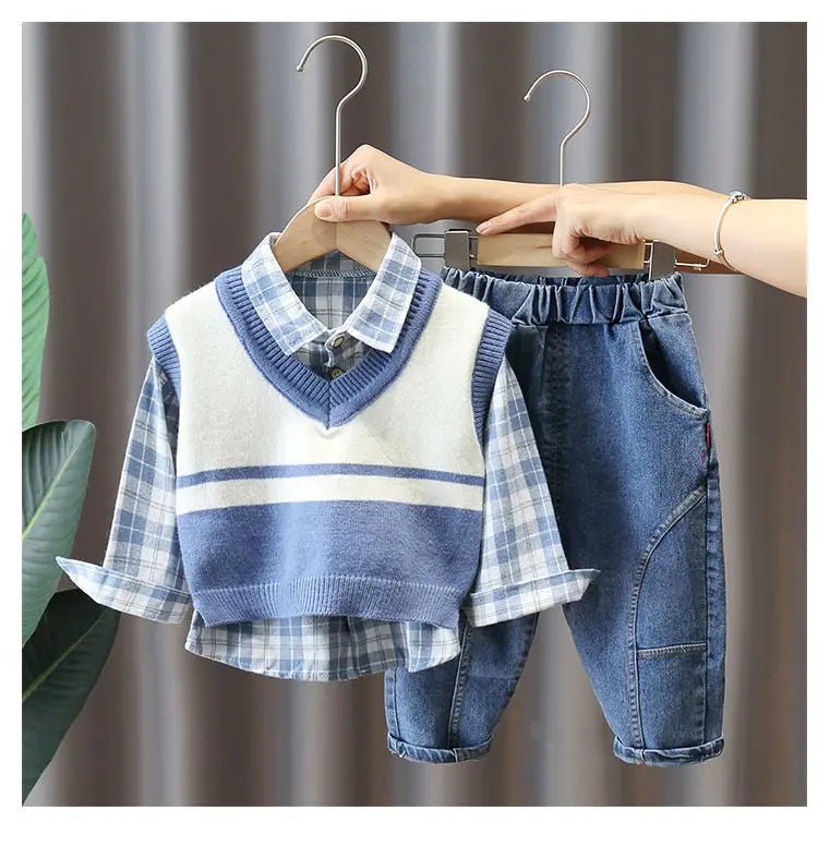 Boys' Baby Autumn Suit 2024 New Children's Fashionable Clothes Spring and Autumn Vest Shirt Jeans 3 Piece Set - PratSN