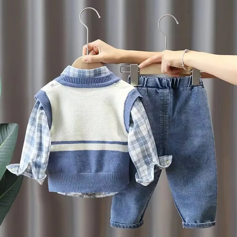 Boys' Baby Autumn Suit 2024 New Children's Fashionable Clothes Spring and Autumn Vest Shirt Jeans 3 Piece Set - PratSN