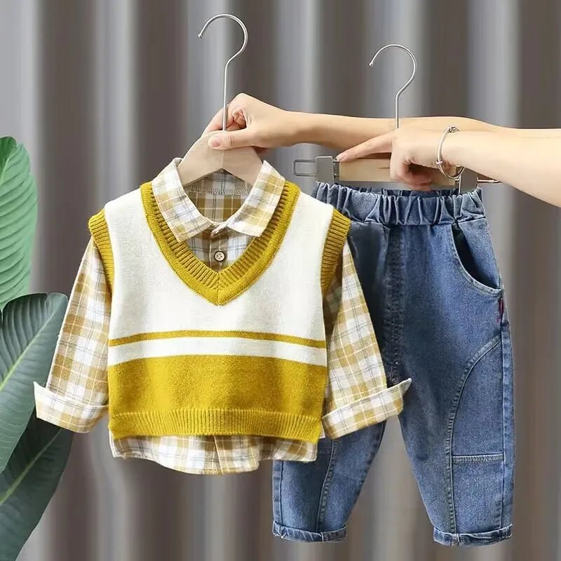Boys' Baby Autumn Suit 2024 New Children's Fashionable Clothes Spring and Autumn Vest Shirt Jeans 3 Piece Set - PratSN