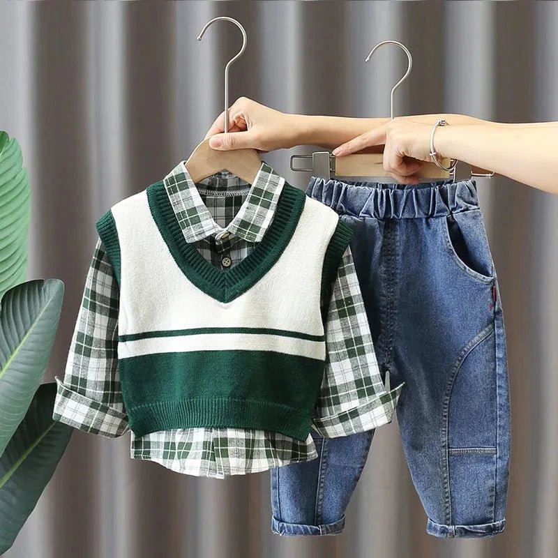 Boys' Baby Autumn Suit 2024 New Children's Fashionable Clothes Spring and Autumn Vest Shirt Jeans 3 Piece Set - PratSN